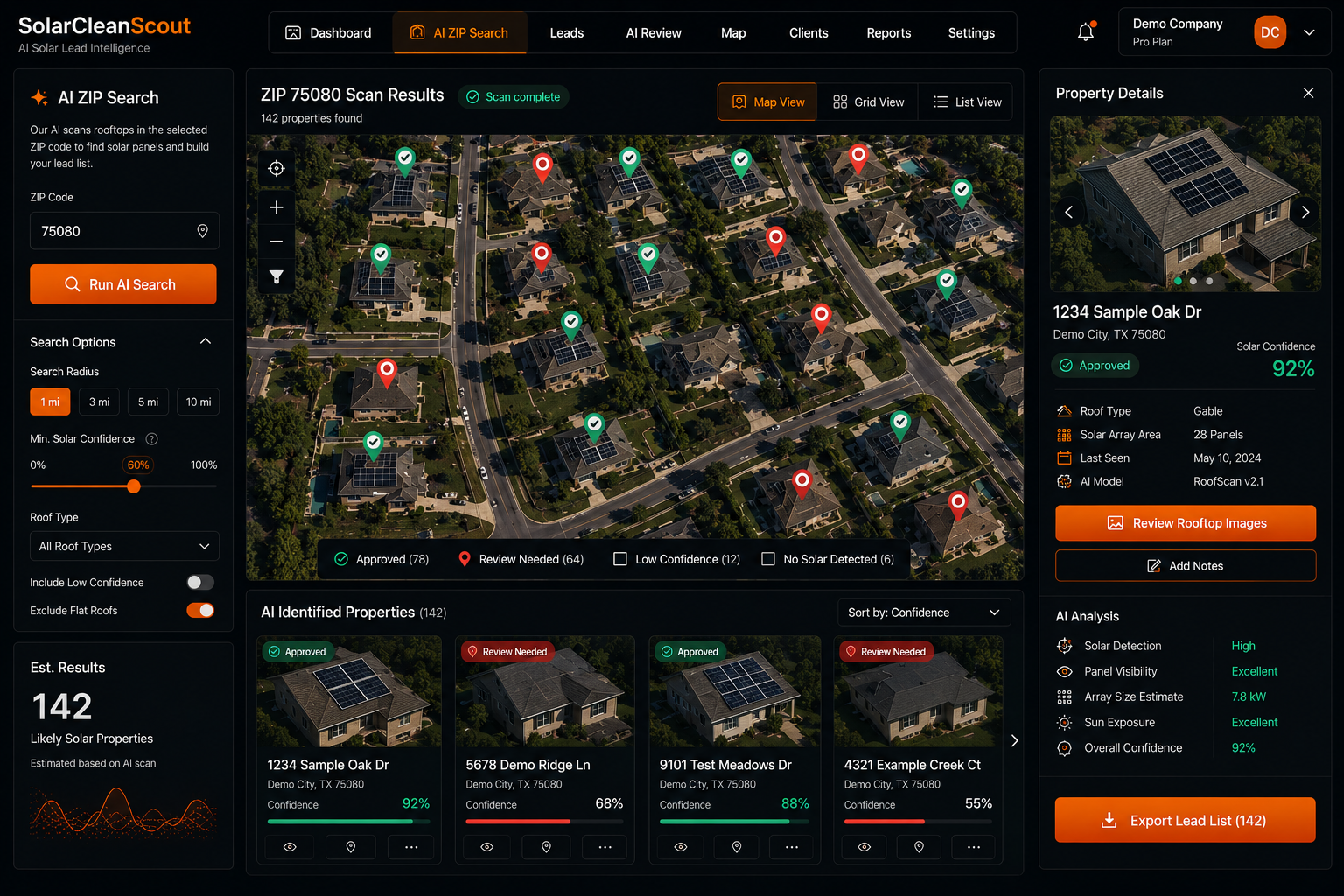 SolarCleanScout AI ZIP code solar lead search dashboard mockup
